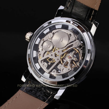 T-Winner Popular Lovers Skeleton Design Gold Watches Mechanical Hand Wind Movement PU Leather Strap Wristwatch for Men Women