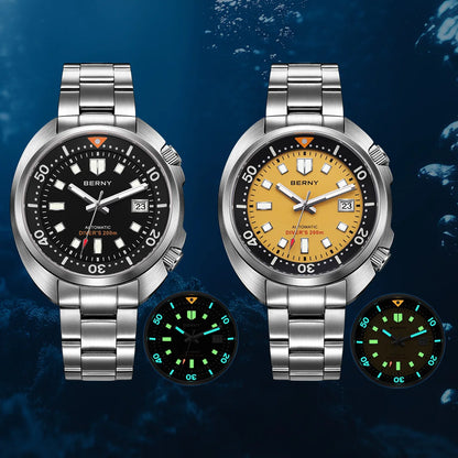 BERNY Automatic Dual Crown Diver Watch For Men Super Luminous Miyota 8215 Sapphire Swim Sport 20ATM Mechanical Men's Dive Watch