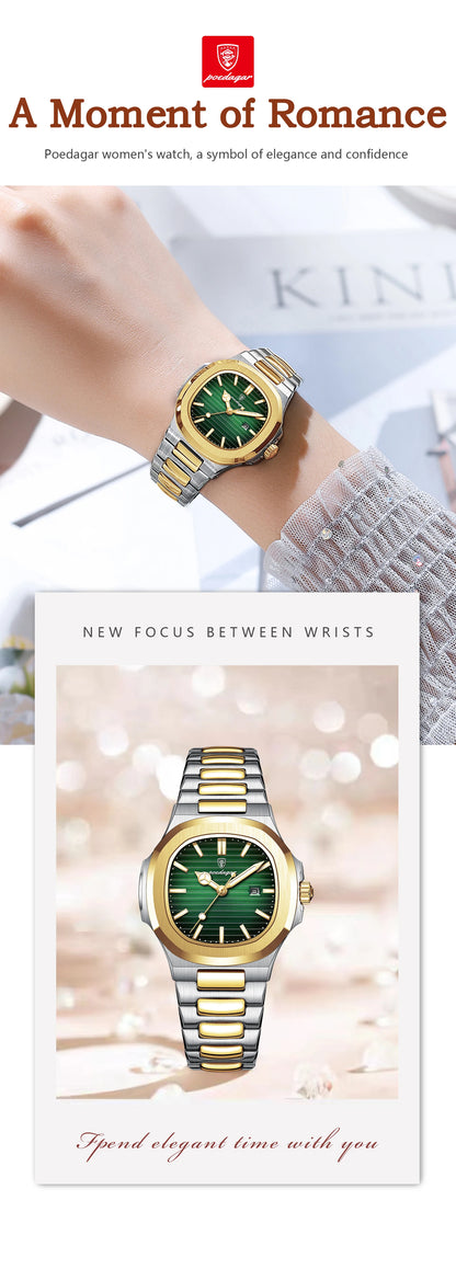 POEDAGAR Square Luxury Watch For Woman Waterproof Luminous Date Ladies Wristwatch Stainless Steel Fashion Quartz Women's Watches