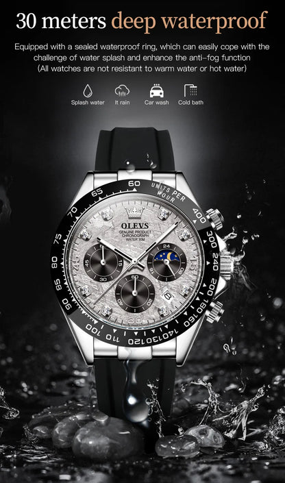 OLEVS 2875 Quartz Watch for Men Original Luxury Brand Silicone Strap Chronograph Auto Date Waterproof Moon Phase Sport Man Watch