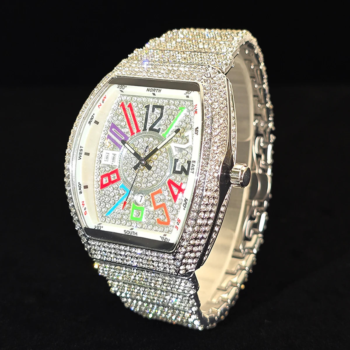 Men's Luxury Barrel-Shaped Quartz Watch With Black Iced Diamond Rainbow Number Dial Luminous Hands Watches For Man Dropshipping