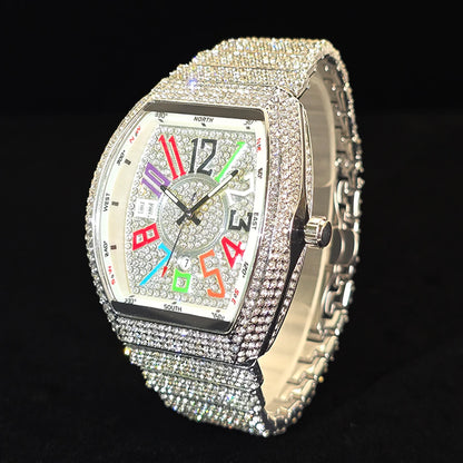 Men's Luxury Barrel-Shaped Quartz Watch With Black Iced Diamond Rainbow Number Dial Luminous Hands Watches For Man Dropshipping
