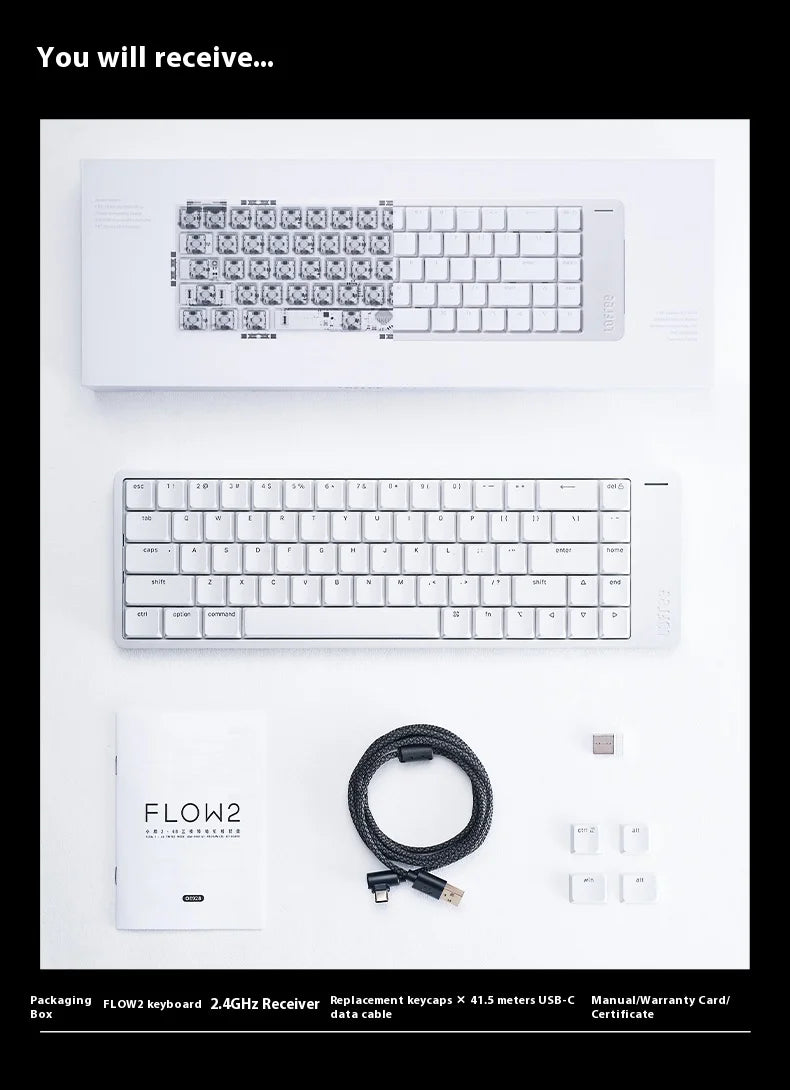 Lofree FLOW2 Mechanische Tastatur fürs Business-Büro, kabellos per Bluetooth und kabelgebunden, leiser und sanfter Klang, kompatibel, geräuscharm, Aluminiumgehäuse