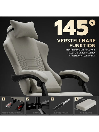 Gaming chairs, office chairs, desk chairs, and swivel chairs. Made with breathable fabric, equipped with 360° swivel casters and seats for easy movement, and featuring soft and comfortable cushions.