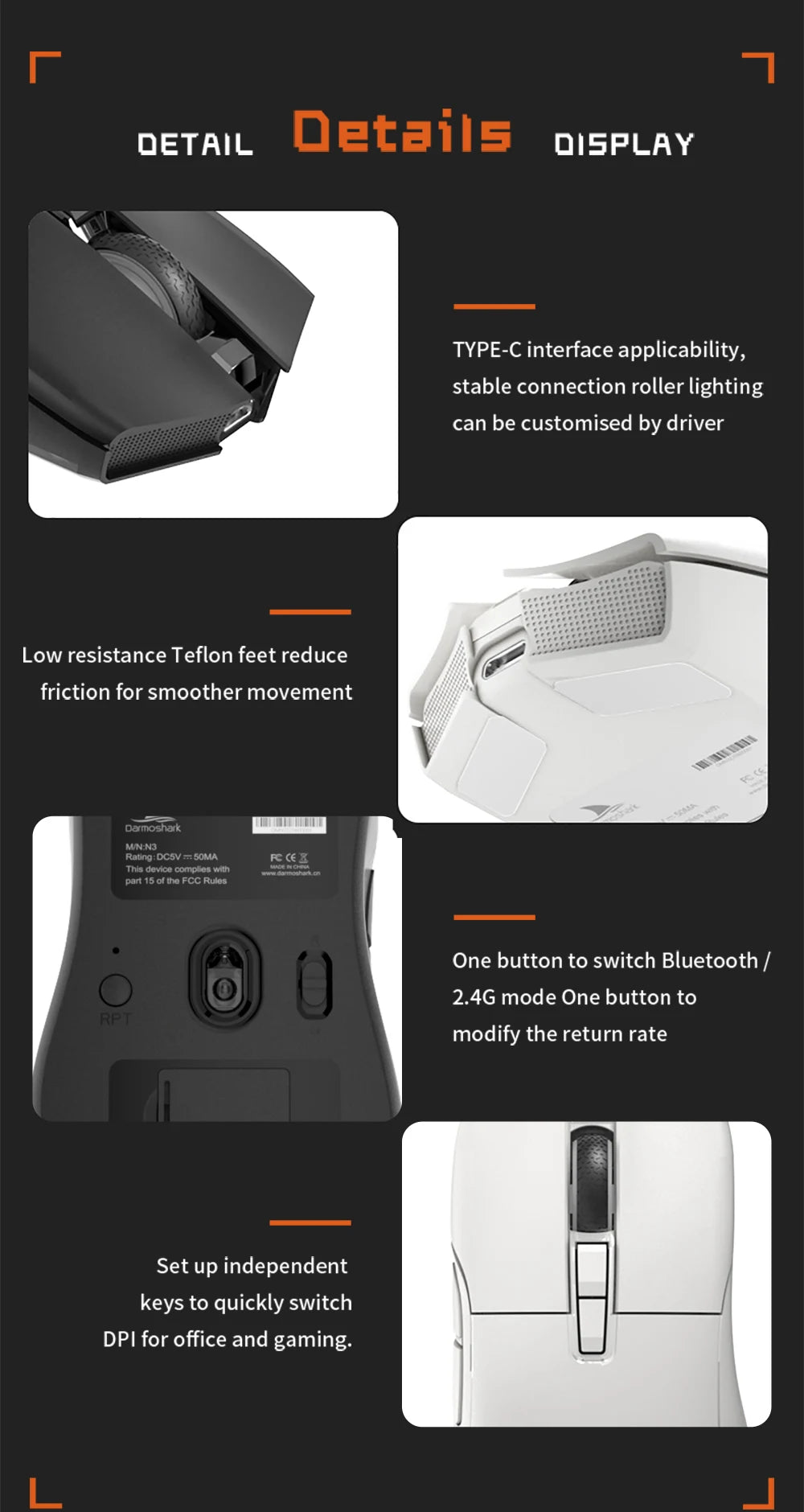 Motospeed Darmoshark N3 Pro Bluetooth – bezprzewodowa mysz gamingowa Double 8K, trójtrybowa, ładowalna, PAW3395, 64g, ergonomiczna mysz dla graczy