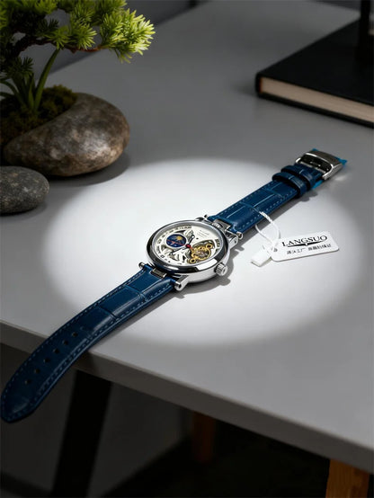  Top Luxury Moon Phase Men's Watches Original Mechanical Leather Men Clock Date Week Hollow Tourbillon Automatic Man Watch