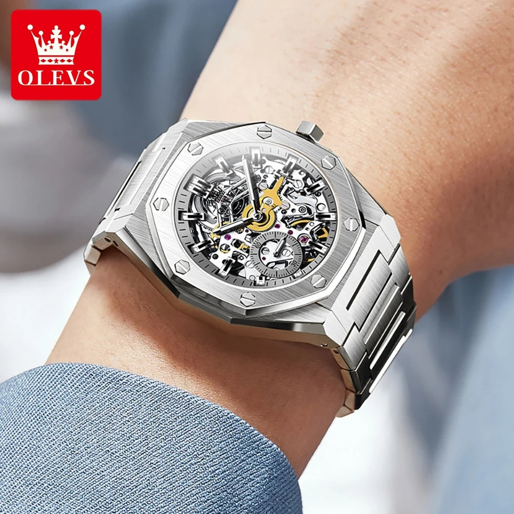 OLEVS Watches Luxury Man High Quality Original Fully Skeleton Automatic Mechanical Watch Stainless Steel Men Watches Gifts Box