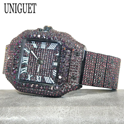Green Diamond Watch For Men Brand UNIGUET Fashion Roman Literal Quartz Clock Man Hip Hop Iced Jewelry Square Wristwatch 2025 New