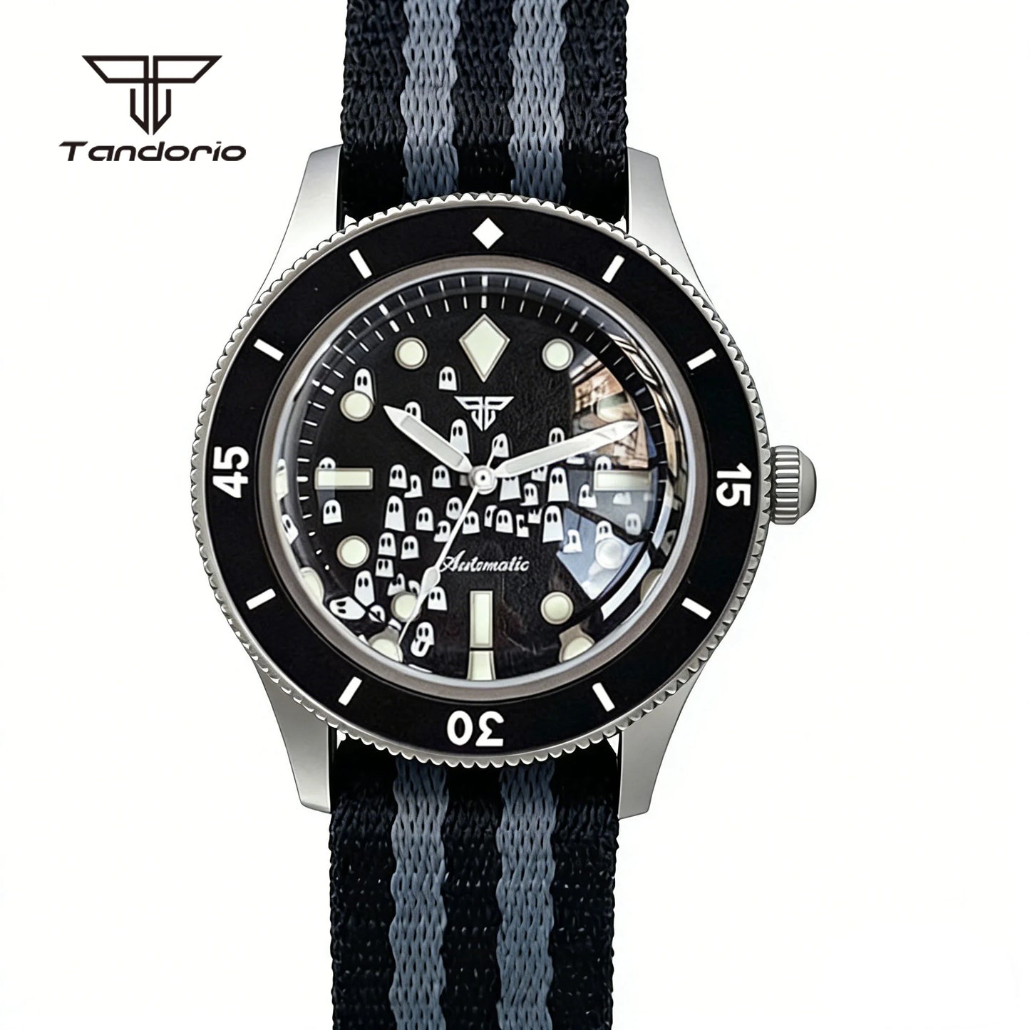 Tandorio Domed Sapphire 40mm Mechanical 50-Fathoms Style Diver Fashion Automatic Men Watch Miyota8215/PT5000 Luminous Ghost Dial