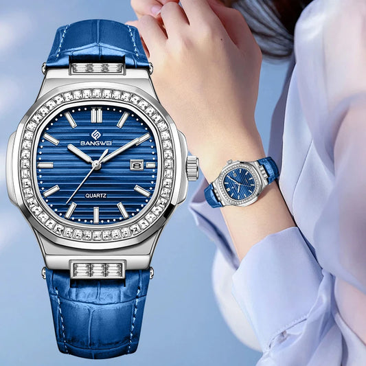 New Fashion BANGWEI Elegant Luxury Quartz Woman Watch Simple Dial Diamond Retro Leather Date Waterproof Luminous Women's Watches