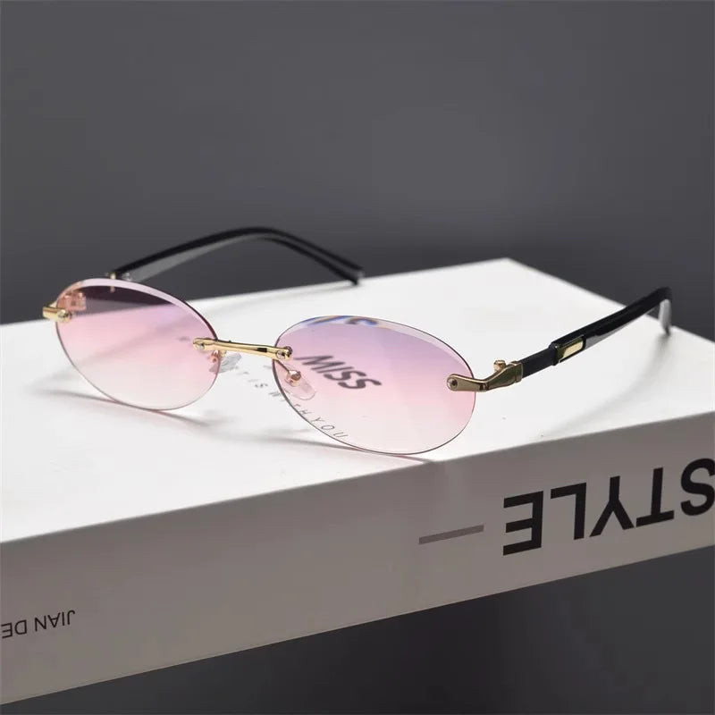 Ochelari de soare fără ramă, ovali, la modă, populari, pentru femei și bărbați, ochelari de soare mici, în formă de elipsă, pentru femei și bărbați, ochelari de petrecere și de călătorie