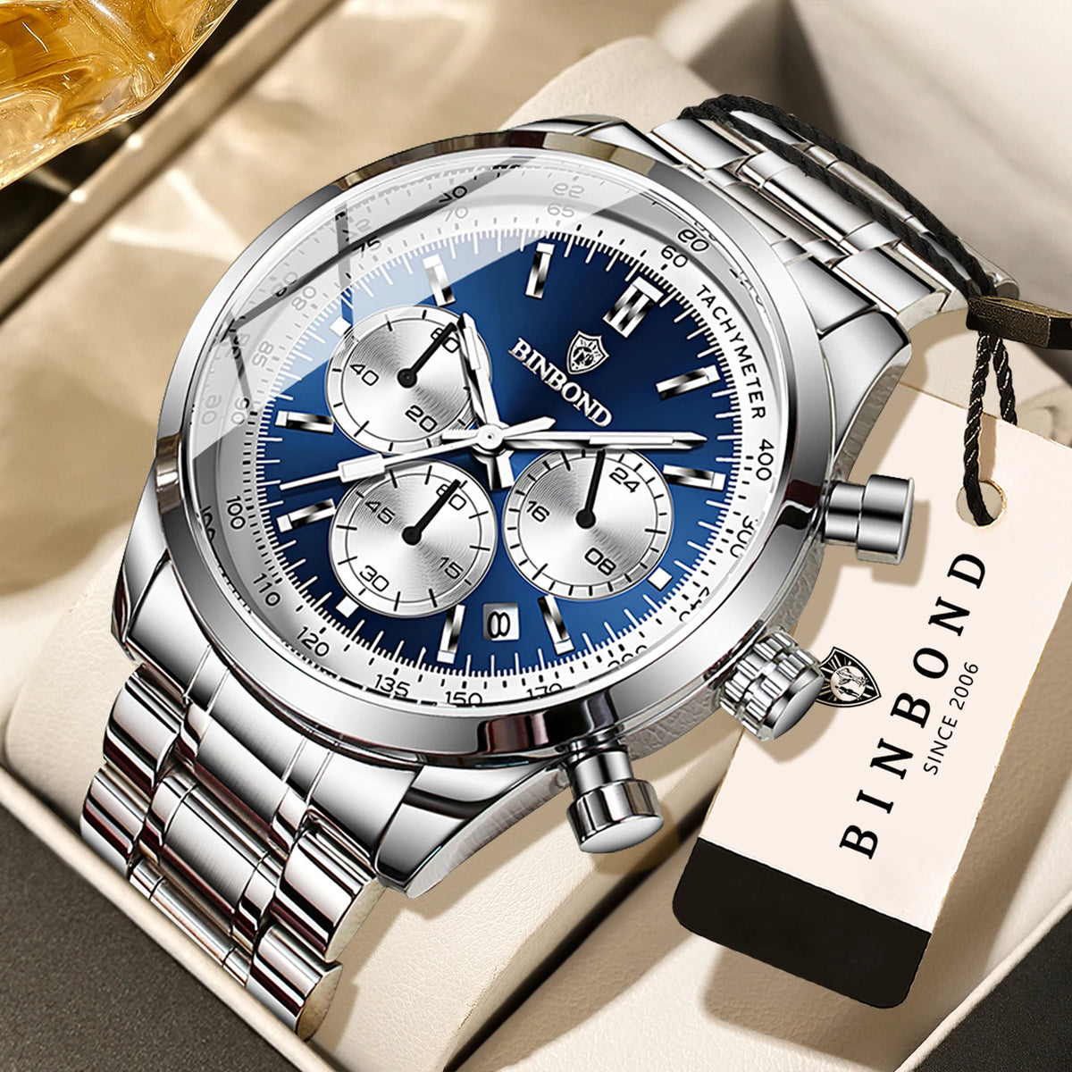 Relógio de quartzo BINBOND para homem, elegante, robusto e preciso, com data automática, cronógrafo, luz noturna e à prova de água. Estilo descontraído.