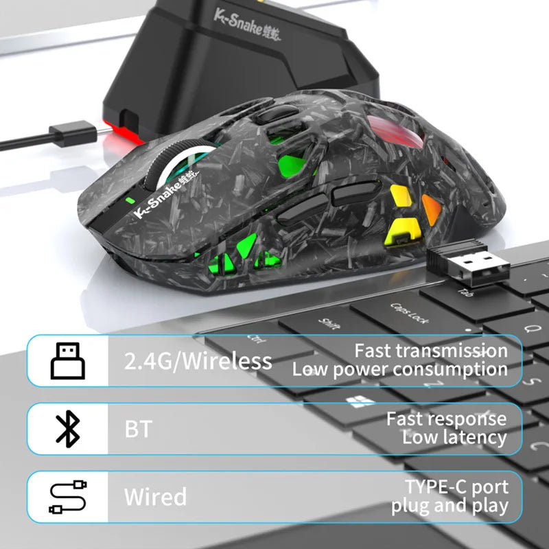 Лека геймърска мишка Lenovo Tri-Mode с RGB зарядна докинг станция 12000DPI 2.4G/Bluetooth/кабелна ергономична мишка за PC и лаптоп