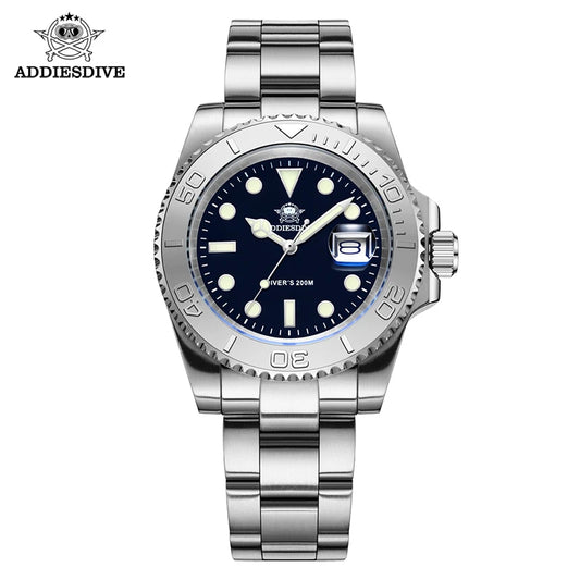 ADDIESDIVE Men's Quartz Watch 200m Waterproof Ceramic Bezel Steel Watch Magnifying Mirror Glass BGW9 Blue Luminous Diving Watch