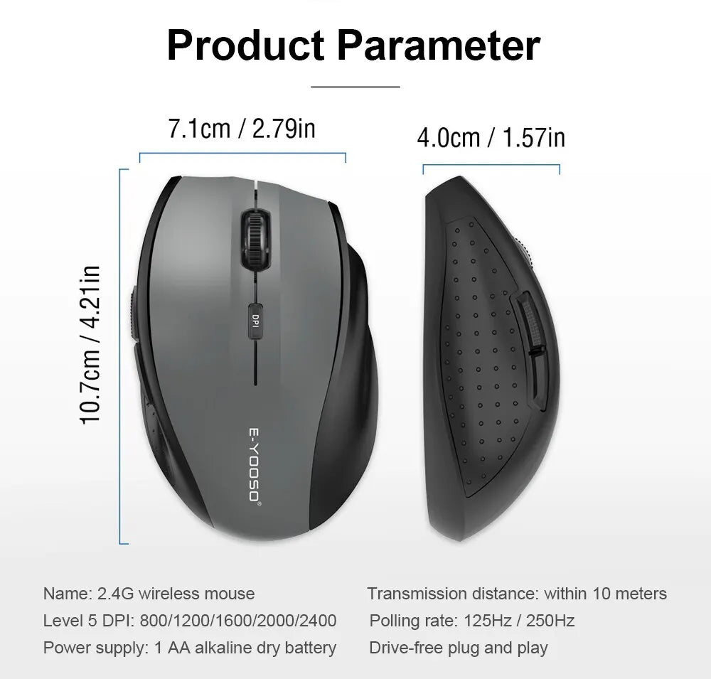 E-YOOSO E-1010 USB 2.4G bezdrôtová herná a kancelárska myš, 2400 DPI, optická ergonomická myš na hranie pre notebook a PC
