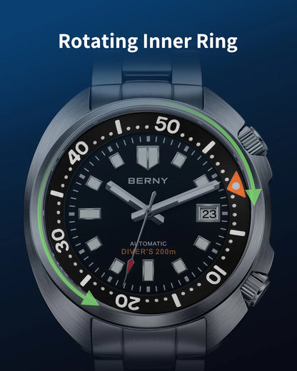 BERNY Automatic Dual Crown Diver Watch For Men Super Luminous Miyota 8215 Sapphire Swim Sport 20ATM Mechanical Men's Dive Watch
