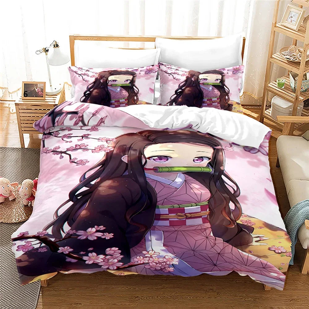 Nezuko Kamado Bedding Set Anime Demon Slayer Duvet Cover Comforter Bed Linen Single Twin Full Queen Size 3D Kids Girls Boys Gift