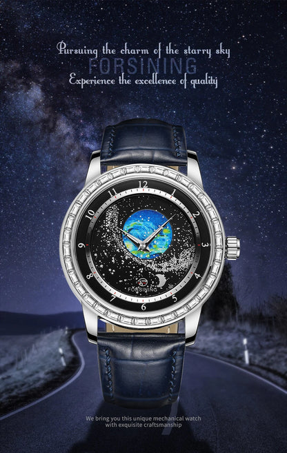 2026 FORSINING Design Earth Star Moon Set With Diamonds Genuine Belt Men Mechanical Automatic Watch Waterproof For Business