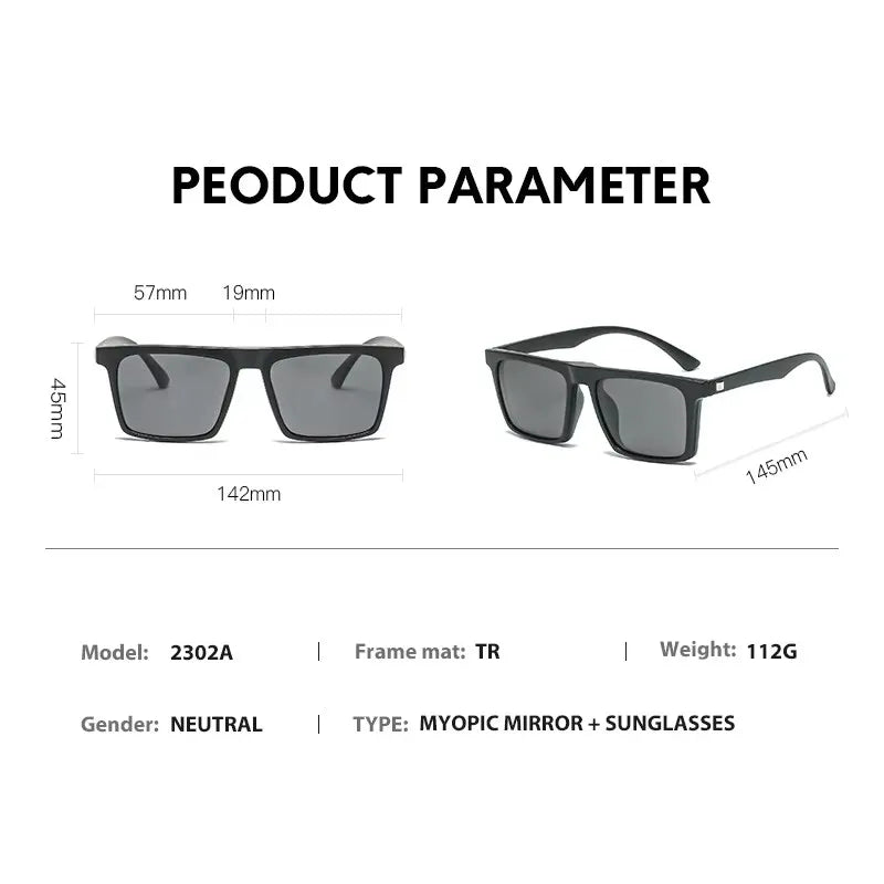 Ochelari de soare polarizați cu magnet pentru miopie, pentru femei și bărbați, ochelari cu clemă, ochelari optici pătrați, rame de ochelari 6 în 1 – de la -0,5 la -10