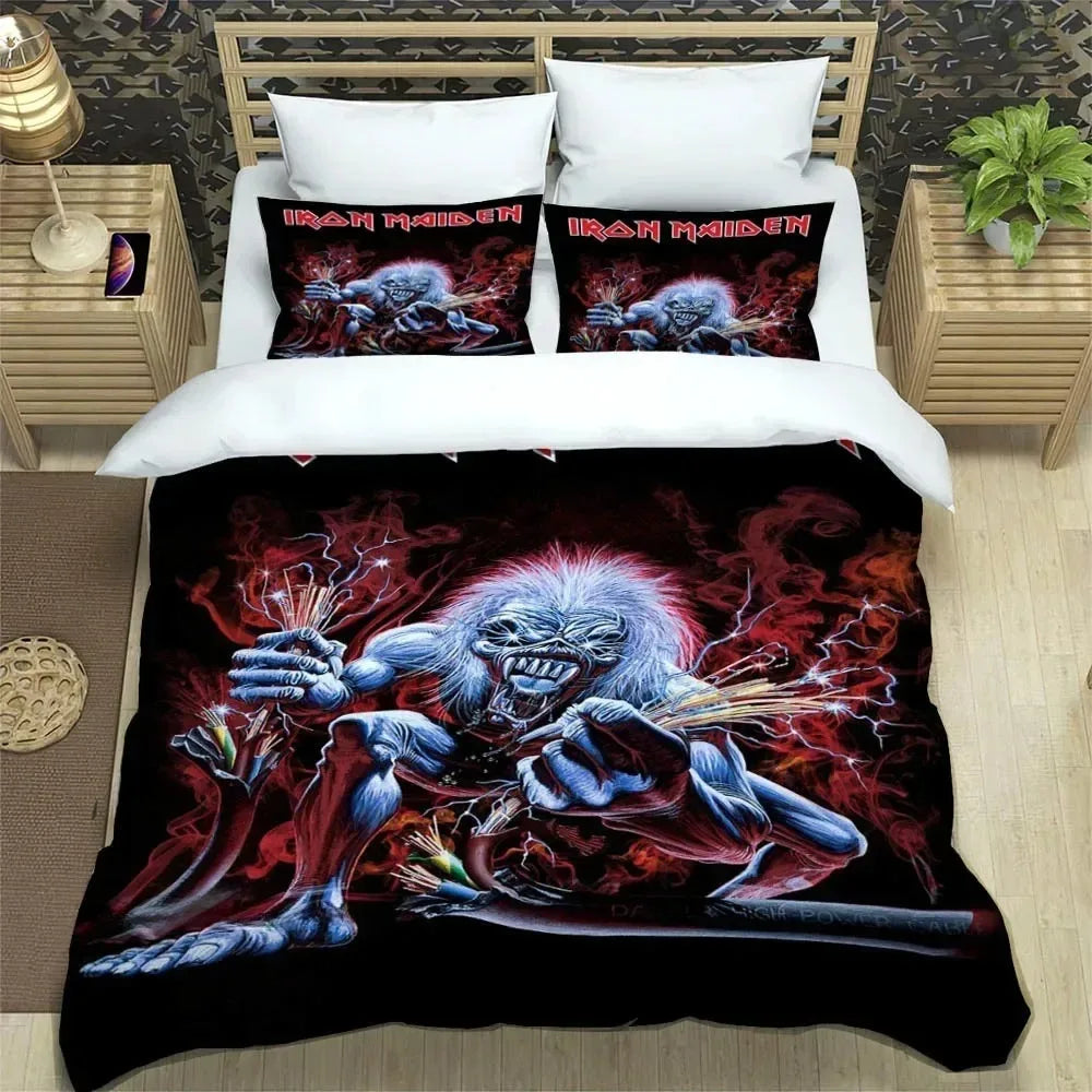 Set di biancheria da letto 3D Rock Band I-Iron-M-Maiden: raffinato set di biancheria da letto, composto da copripiumino, piumone e set completo, regalo di compleanno di lusso