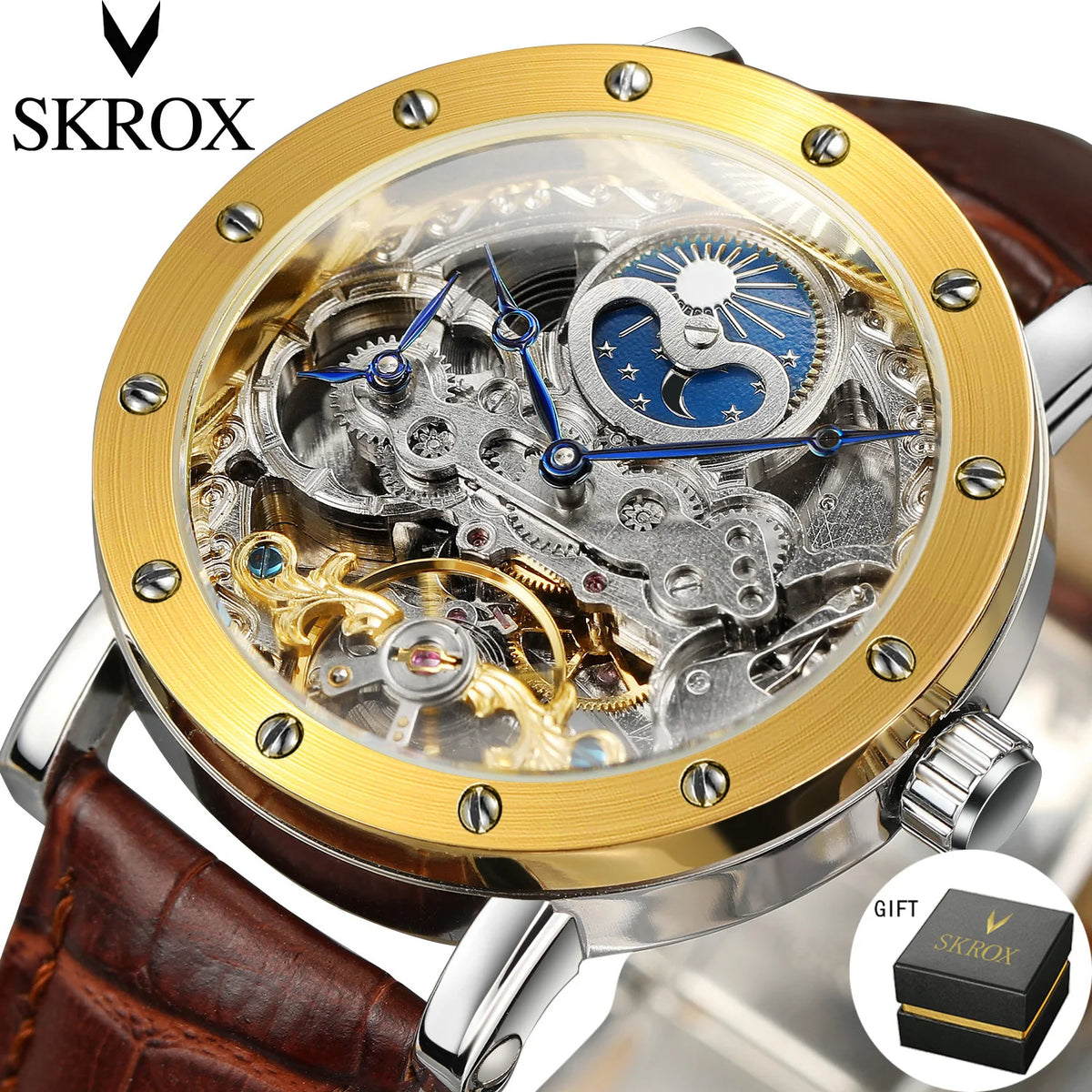 Relógio de pulso mecânico automático SKROX para homem, modelo esqueleto com função GMT, fase lunar e turbilhão – Relógio de luxo de alta gama, elegante e original.