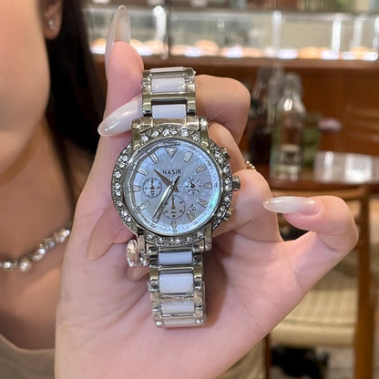 CILOA Women's Chronograph Watch Diamond Bezel White Ceramic & Stainless Steel Band Luxury Fashion Quartz Wristwatch