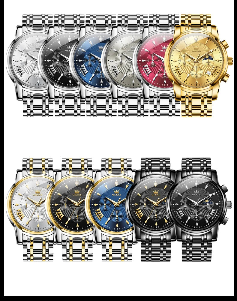 OLEVS Brand Fashion Red Watch for Men Luxury Sport Waterproof Stainless Steel Chronograph Quartz Watches Relogio Masculino