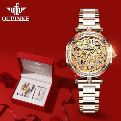 OUPINKE 3175 Women Watches Luxury Elegant Skeleton Automatic Mechanical Watches For Woman 50M Waterproof Bracelet Necklace Set