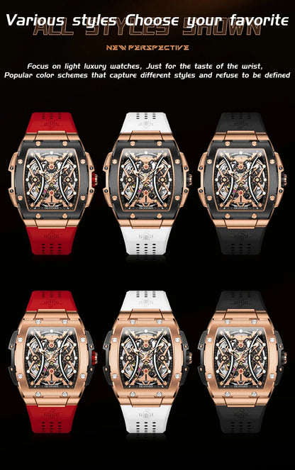 OUPINKE Men's Watches Classic Luxury Tonneau Dial Top Brand Original Automatic Mechanical Wristwatch Silicone Strap Sapphire New