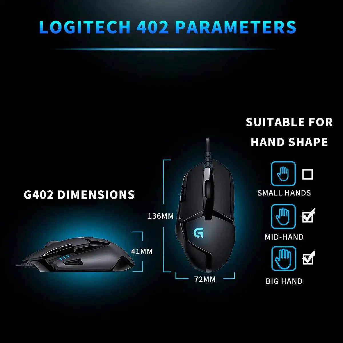 Logitech G402 kablet gamingmus 32-bit ARM-processor 8 knapper 500 IPS skridsikker til gaming- og arbejdssessioner hele dagen