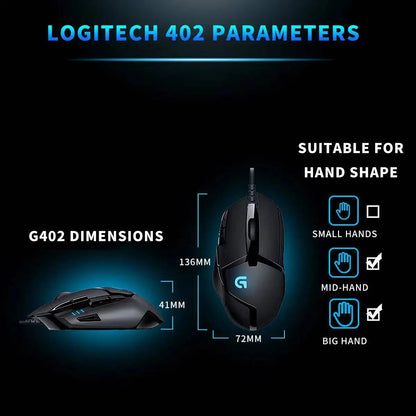 Logitech G402 kablet gamingmus 32-bit ARM-processor 8 knapper 500 IPS skridsikker til gaming- og arbejdssessioner hele dagen