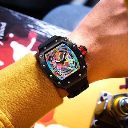 New Cool Men's Watches Luxury Fashion Silicone Tonneau Watch Skeleton Waterproof Quartz Wristwatches Clock Relogio Masculino
