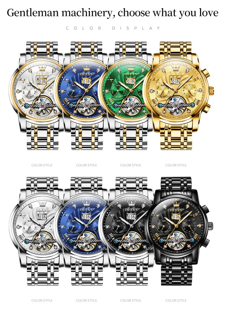 OLEVS 9910 Original Men's Automatic Mechanical Watch Luxury Skeleton Stainless steel Waterproof Luminous Watches