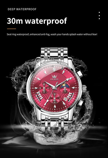 OLEVS Brand Fashion Red Watch for Men Luxury Sport Waterproof Stainless Steel Chronograph Quartz Watches Relogio Masculino