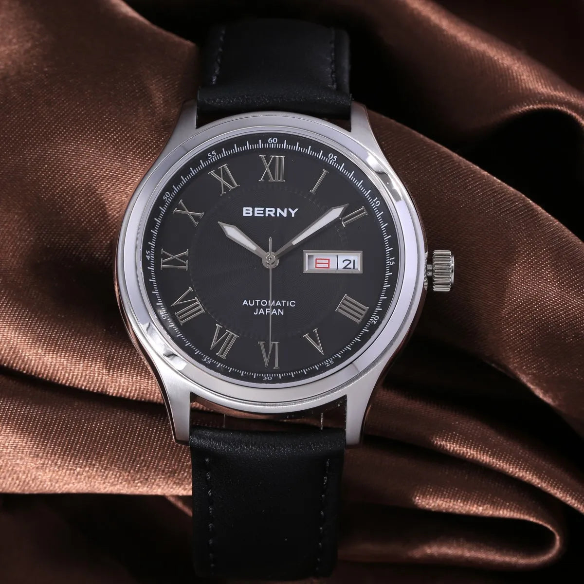 BERNY Automatic Watches for Men Sapphire Luminous Hands Day Calendar Dress Luxury Mechanical Watch 5ATM Vintage-Style Wristwatch