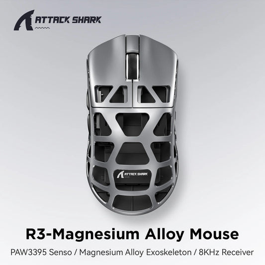 Mouse ATTACK SHARK R3 8KHz in lega di magnesio, sensore PixArt PAW3395, fino a 26000 DPI, 2.4G/BT/cablato, ultraleggero da 46g, per PC/Mac