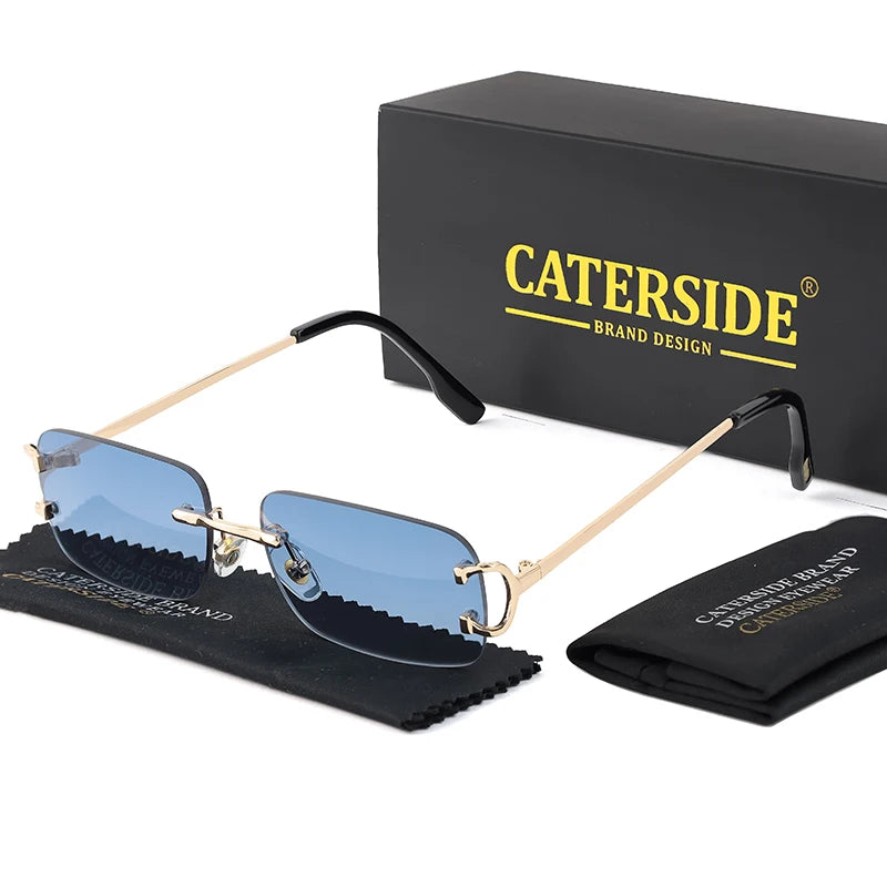 CATERSIDE Ochelari de soare dreptunghiulari albaștri pentru bărbați, ochelari de soare pătrați fără ramă din metal, la modă, pentru femei, cu lentile degradate, ochelari de exterior, UV400