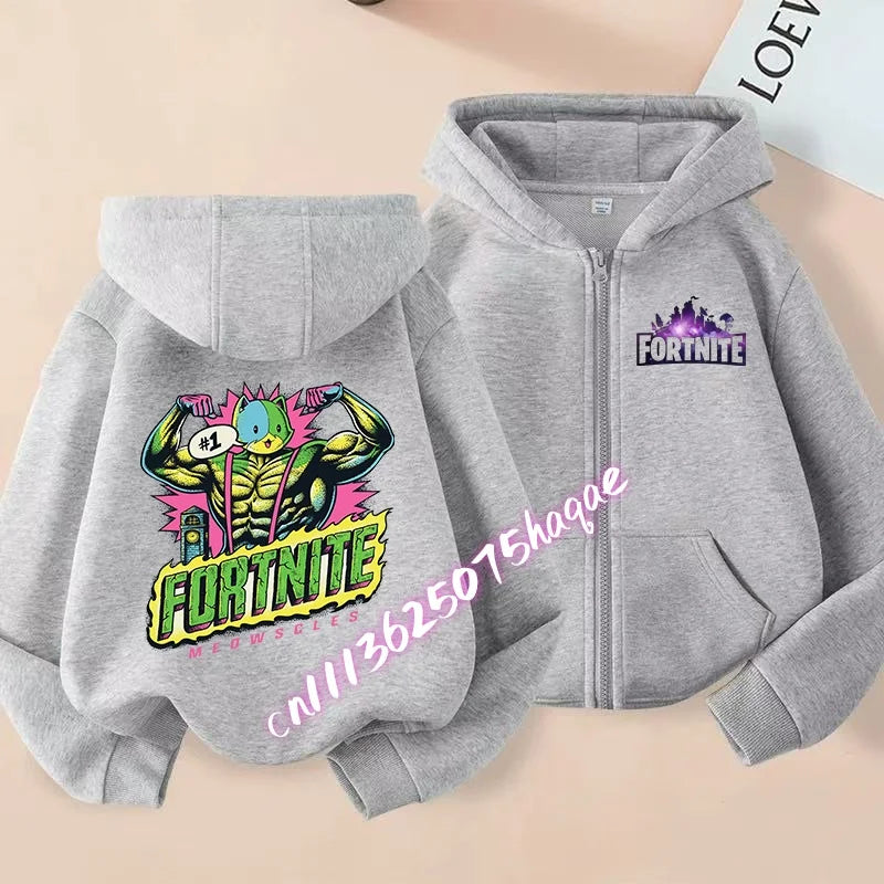 Nuova felpa con cappuccio autunnale per bambini Fortnite, giacca con zip e stampa personaggio cartoon del gioco, cappotto invernale per ragazzi