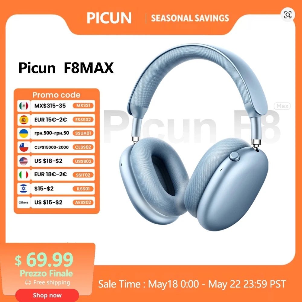Picun F8MAX ANC kabelloser Kopfhörer, 59dB hybrides aktives Noise Cancelling, Spatial-Audio-Ohrhörer, Bluetooth 6.0, Over-Ear-Headset, 180H