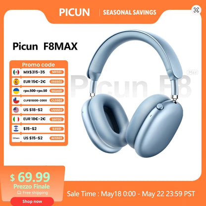 Picun F8MAX ANC kabelloser Kopfhörer, 59dB hybrides aktives Noise Cancelling, Spatial-Audio-Ohrhörer, Bluetooth 6.0, Over-Ear-Headset, 180H