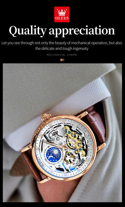 OLEVS Brand 2024 Fashion Moon Phase Skeleton Mechanical Watch for Men Sport Leather Waterproof Luxury Tourbillon Watches Mens