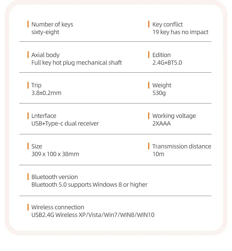 Bezdrôtová herná mechanická klávesnica K68 2,4 G/BT 5.0, 68 klávesov, Hotswap, mini herná mechanická klávesnica, klávesy z PBT, klávesnice s rozložením 65 %