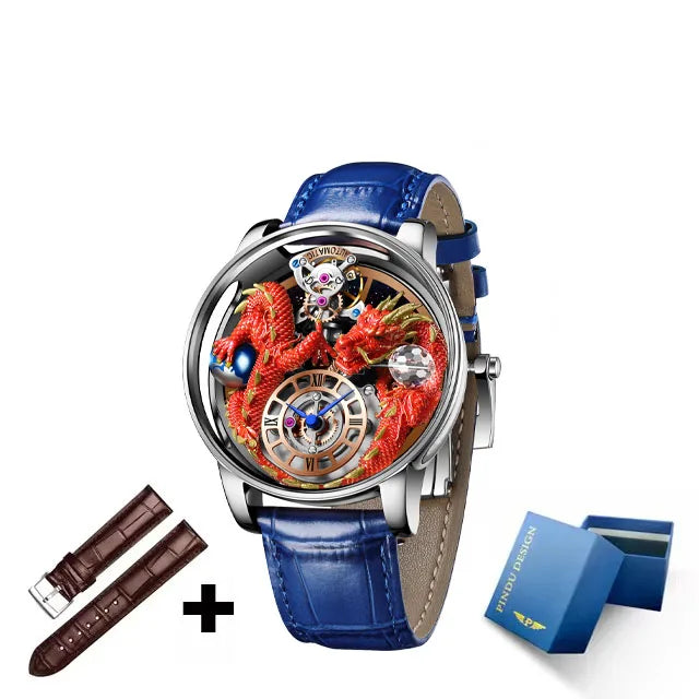 PINDU Fashion Roman Numeral Display Mineral Tempered Glass Material Quartz Movement 3ATM Waterproof Celestial Dragon Men's Watch