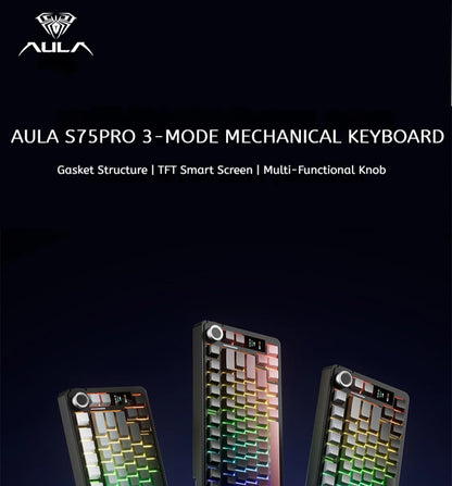 Teclado Mecânico AULA S75 PRO 75% Layout Personalizado Retroiluminação RGB Sem Fios Bluetooth Gaming com Ecrã e Botão Rotativo