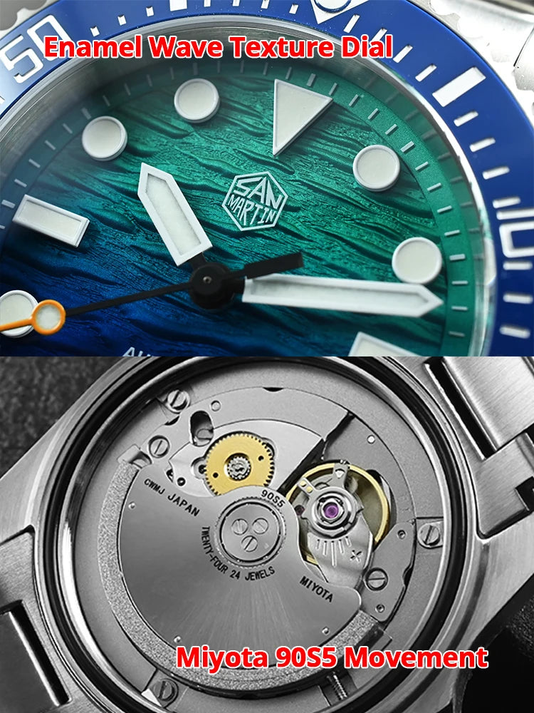 San Martin 2026 Men Diver Watch 38mm Wave Texture Dial Miyota 90S5 Automatic Mechanical Luxury Wristwatch Waterproof 200m SN0126