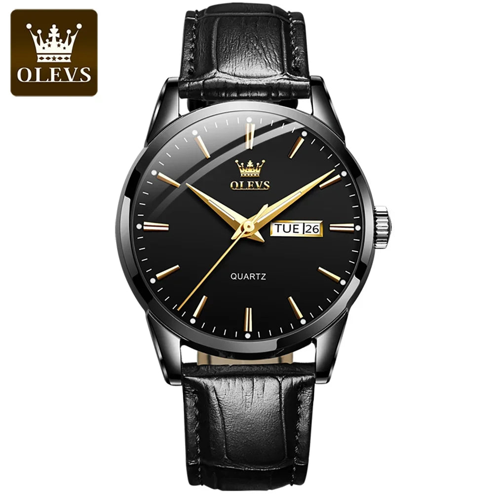 OLEVS kvartsarmbandsur för män – Lyxig och elegant stil, läderarmband, datum- och veckodagsvisning, vattentätt, perfekt för arbetet