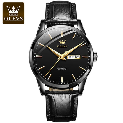 OLEVS kvartsarmbandsur för män – Lyxig och elegant stil, läderarmband, datum- och veckodagsvisning, vattentätt, perfekt för arbetet