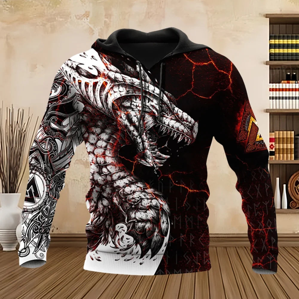 Sudadera con capucha unisex de manga larga para primavera y otoño, con estampado 3D de dragón estilo tatuaje, estilo streetwear casual para hombre