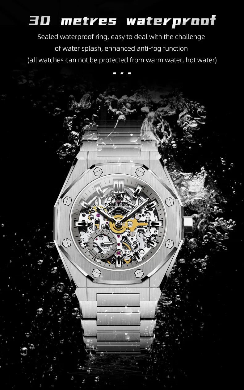 OLEVS Watches Luxury Man High Quality Original Fully Skeleton Automatic Mechanical Watch Stainless Steel Men Watches Gifts Box