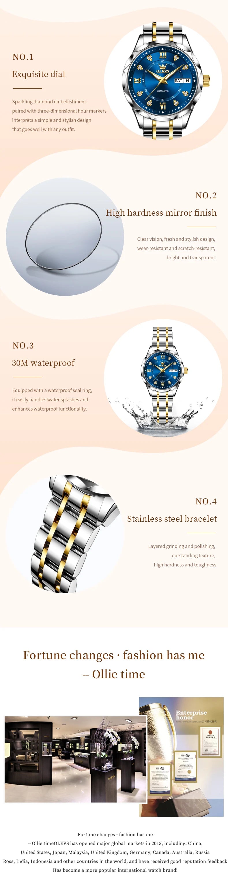 OLEVS 6727 Ladies Watch Automatic Mechanical Watch Stainless Steel Waterproof Calendar Week Watches For Women Luxury Elegant New